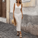 Women’s Hollow-Out Knitted Beach Cover-Up Dress – Sleeveless Solid Color Summer Beachwear | Lightweight Sunscreen Vacation Dress