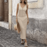 Women’s Hollow-Out Knitted Beach Cover-Up Dress – Sleeveless Solid Color Summer Beachwear | Lightweight Sunscreen Vacation Dress