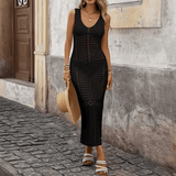 Women’s Hollow-Out Knitted Beach Cover-Up Dress – Sleeveless Solid Color Summer Beachwear | Lightweight Sunscreen Vacation Dress