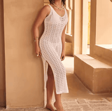 Women’s Sheer Tie-Up Side Slit Maxi Skirt – See-Through V-Neck Beach Cover-Up | Summer Vacation Outfit for Swimwear & Resort Style