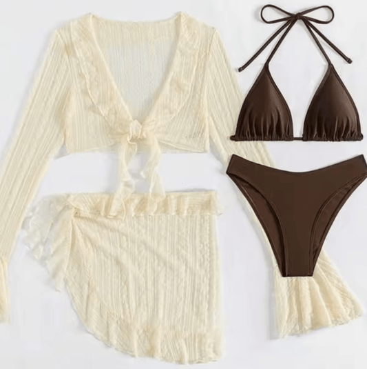 2025 Women’s Sexy 4-Piece Bikini Set – Brazilian Swimsuit with Long Sleeve Cover-Up | Solid Color Swimwear for Beach Parties & Summer Vacations