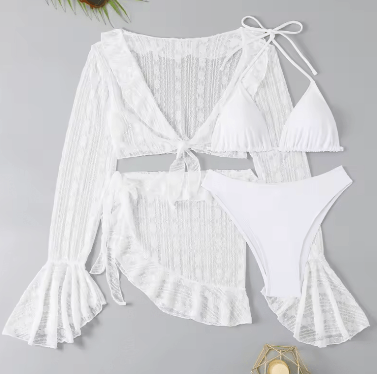 2025 Women’s Sexy 4-Piece Bikini Set – Brazilian Swimsuit with Long Sleeve Cover-Up | Solid Color Swimwear for Beach Parties & Summer Vacations