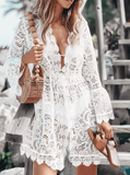 Women’s White Crochet Lace Beach Cover-Up Dress – Knitted V-Neck Tunic with Scallop Trim | Bikini Overlay Robe for Summer Beachwear
