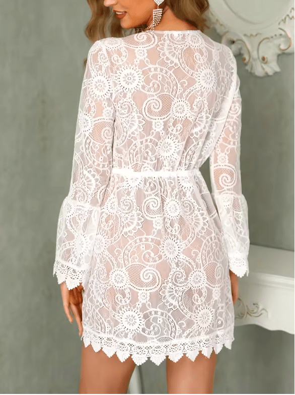 Women’s White Crochet Lace Beach Cover-Up Dress – Knitted V-Neck Tunic with Scallop Trim | Bikini Overlay Robe for Summer Beachwear