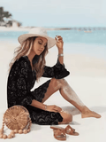 Women’s White Crochet Lace Beach Cover-Up Dress – Knitted V-Neck Tunic with Scallop Trim | Bikini Overlay Robe for Summer Beachwear