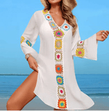 Hand Crochet Multicolour Flower Beach Cover Up – Women’s See-Through Midi Dress, Lightweight Vacation Smock for Swimwear & Beachwear