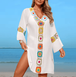 Hand Crochet Multicolour Flower Beach Cover Up – Women’s See-Through Midi Dress, Lightweight Vacation Smock for Swimwear & Beachwear