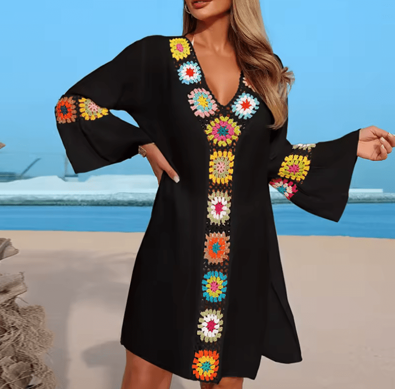 Hand Crochet Multicolour Flower Beach Cover Up – Women’s See-Through Midi Dress, Lightweight Vacation Smock for Swimwear & Beachwear