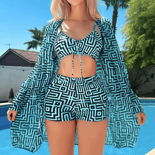 Plus Size 3-Piece Bikini Set for Women – Printed Long Sleeve Mesh Cover-Up, Sun Protection Swimwear, Cross-Border Beachwear 2025