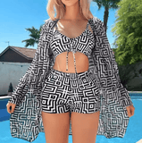 Plus Size 3-Piece Bikini Set for Women – Printed Long Sleeve Mesh Cover-Up, Sun Protection Swimwear, Cross-Border Beachwear 2025