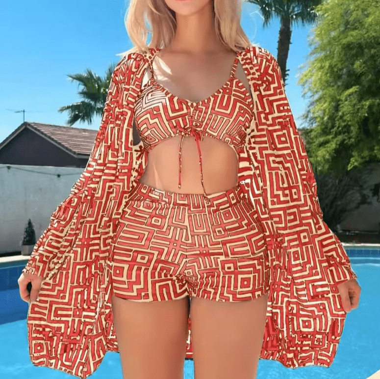 Plus Size 3-Piece Bikini Set for Women – Printed Long Sleeve Mesh Cover-Up, Sun Protection Swimwear, Cross-Border Beachwear 2025