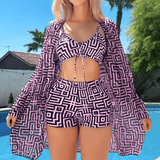 Plus Size 3-Piece Bikini Set for Women – Printed Long Sleeve Mesh Cover-Up, Sun Protection Swimwear, Cross-Border Beachwear 2025