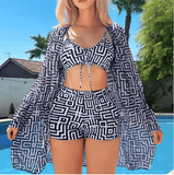 Plus Size 3-Piece Bikini Set for Women – Printed Long Sleeve Mesh Cover-Up, Sun Protection Swimwear, Cross-Border Beachwear 2025