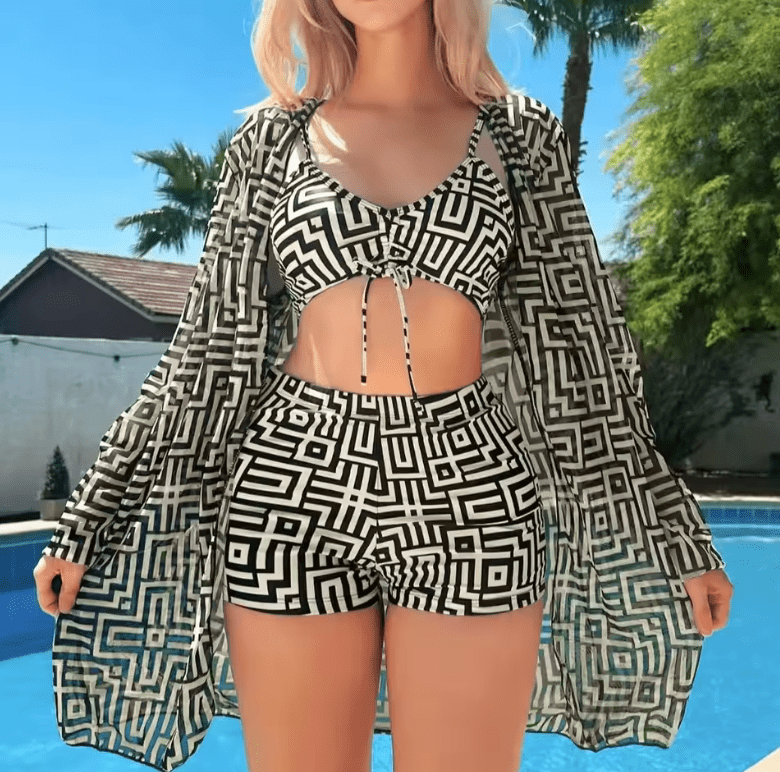 Plus Size 3-Piece Bikini Set for Women – Printed Long Sleeve Mesh Cover-Up, Sun Protection Swimwear, Cross-Border Beachwear 2025