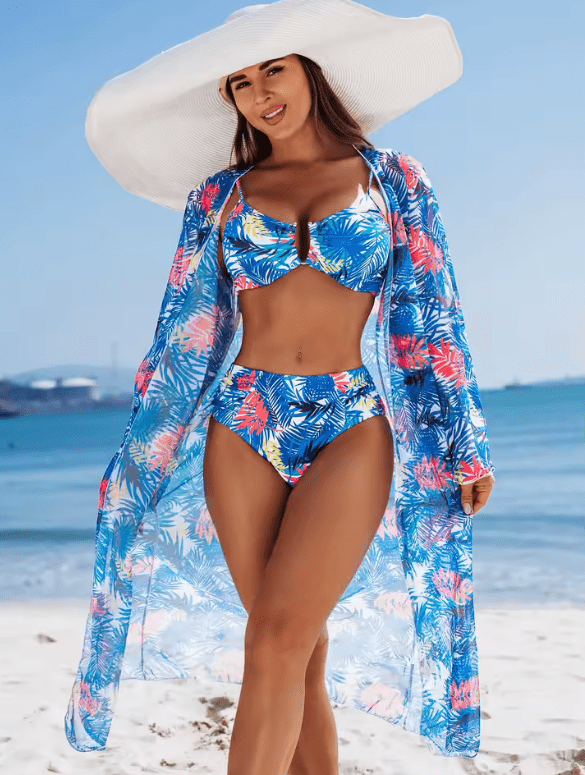 High-End Women’s Bikini Swimsuit – Sexy 3-Piece Set with Multi-Color Print, Fashion Swimwear for Beach & Pool