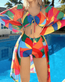 Women’s Colorful Print Bikini 3-Piece Set – Thin Semi-Transparent Sunscreen Beach Cover-Up, Lightweight Swimwear | Hot Sale of the Season