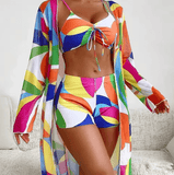 Women’s Colorful Print Bikini 3-Piece Set – Thin Semi-Transparent Sunscreen Beach Cover-Up, Lightweight Swimwear | Hot Sale of the Season