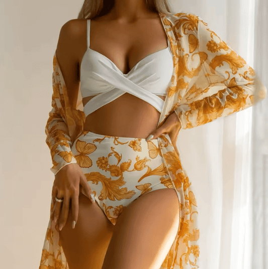 Women’s Sexy Butterfly Print Bikini – 3-Piece Gathered Netting Swimsuit with Sportswear Style & Bag Accessory | Summer 2025 Swimwear