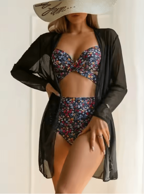 Women’s Sexy Butterfly Print Bikini – 3-Piece Gathered Netting Swimsuit with Sportswear Style & Bag Accessory | Summer 2025 Swimwear