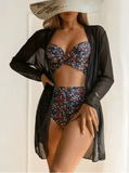 Women’s Sexy Butterfly Print Bikini – 3-Piece Gathered Netting Swimsuit with Sportswear Style & Bag Accessory | Summer 2025 Swimwear