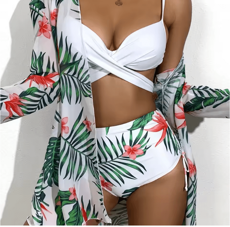 Women’s Sexy Butterfly Print Bikini – 3-Piece Gathered Netting Swimsuit with Sportswear Style & Bag Accessory | Summer 2025 Swimwear