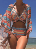 Women’s Sexy Bikini 3-Piece Set – Halter Neck, High Waist, Deep V Swimsuit with Sporty Design & Accessories | New Arrival 2025