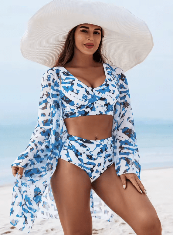 High-End Women’s Sexy Bikini 3-Piece Swimsuit Set – Elegant Divided Swimwear with Cover-Up, Stylish Beach Outfit for Ladies