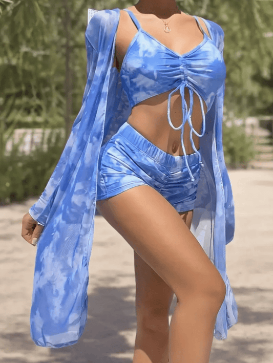 Women’s 3-Piece Swimsuit Set – Sexy Multi-Color Bikini with Mesh Cover-Up, Leg-Lengthening Design | New Arrival Beachwear 2025