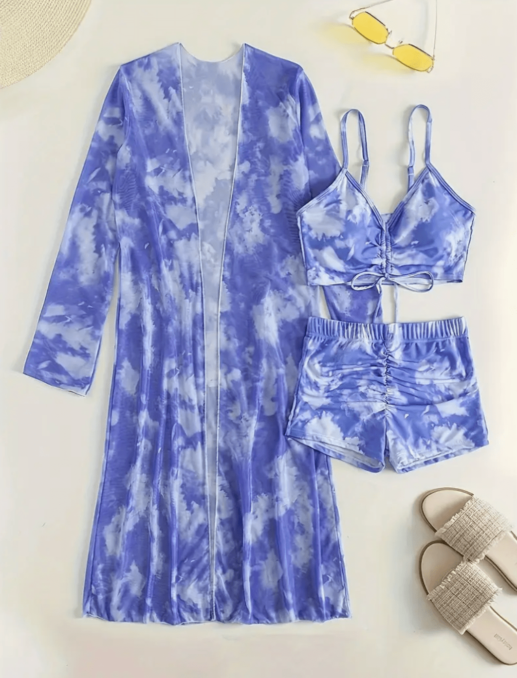 Women’s 3-Piece Swimsuit Set – Sexy Multi-Color Bikini with Mesh Cover-Up, Leg-Lengthening Design | New Arrival Beachwear 2025