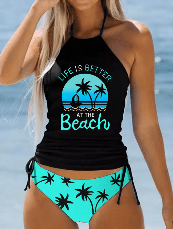 2025 Women’s Sexy Solid Color Tankini Set – Tied Halter Backless Swimsuit | Summer Beach Bathing Suit Biquini Swimwear