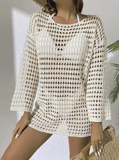 Women’s Sexy Knitted Bikini Cover-Up – Long Sleeve Hollow-Out Pullover with Round Neck | Summer Beachwear 2025