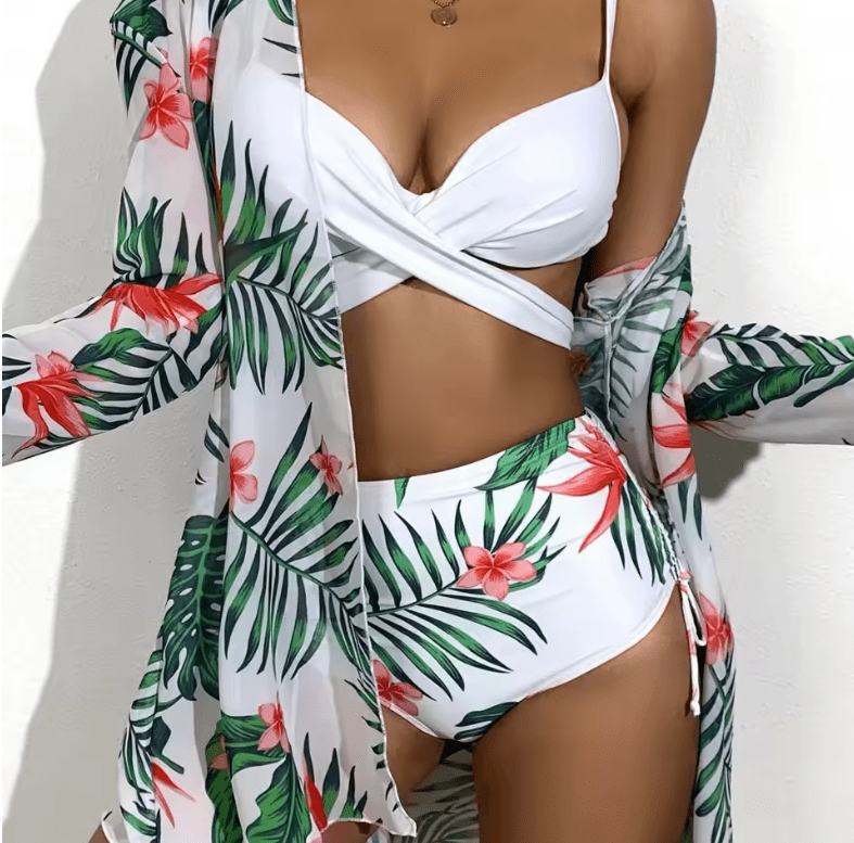 2025 Sexy Butterfly Print Bikini for Women – 3-Piece Set with Gathered Top, Mesh Cover-Up & Bag Accessory | Sporty Swimwear