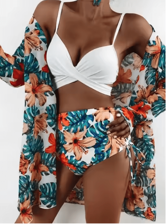 2025 Sexy Butterfly Print Bikini for Women – 3-Piece Set with Gathered Top, Mesh Cover-Up & Bag Accessory | Sporty Swimwear