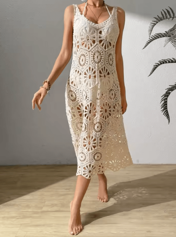2025 Women’s Flower Knitted Long Dress – Sexy Deep V-Neck, Lace-Up Backless Sleeveless Beach Dress | Summer Boho Sling Robe