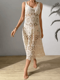 2025 Women’s Flower Knitted Long Dress – Sexy Deep V-Neck, Lace-Up Backless Sleeveless Beach Dress | Summer Boho Sling Robe