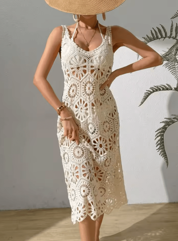 2025 Women’s Flower Knitted Long Dress – Sexy Deep V-Neck, Lace-Up Backless Sleeveless Beach Dress | Summer Boho Sling Robe