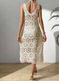 2025 Women’s Flower Knitted Long Dress – Sexy Deep V-Neck, Lace-Up Backless Sleeveless Beach Dress | Summer Boho Sling Robe