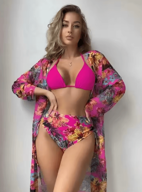 Hot Sale Women’s 3-Piece Bikini Set – Printed Swimsuit with Elegant Lace Cover-Up | Fashionable Summer Swimwear 2025