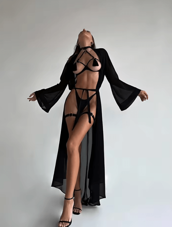 Ellolace Sexy Tassel Lingerie Set – Sheer Open Cup Bra & Crotchless Panties | Exotic 2-Piece Intimate Set for Women