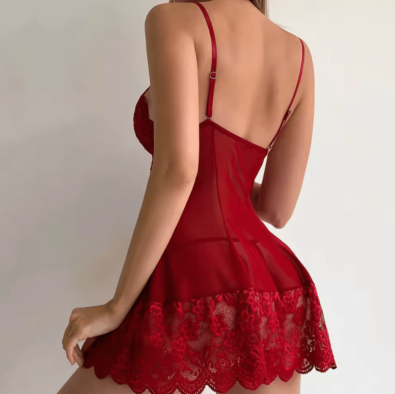 Women’s 1-Piece Pajama Set with Thong – Sheer Tulle Strap Nightgown, V-Neck Lingerie Sleepwear | Semi-Transparent Night Dress