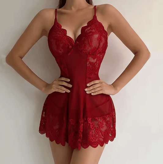 Women’s 1-Piece Pajama Set with Thong – Sheer Tulle Strap Nightgown, V-Neck Lingerie Sleepwear | Semi-Transparent Night Dress
