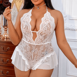 Plus Size Crotchless Lingerie Set (1XL–4XL) – Transparent Lace Deep V Bra & Panty | Hollow Out Erotic Underwear for Curvy Women