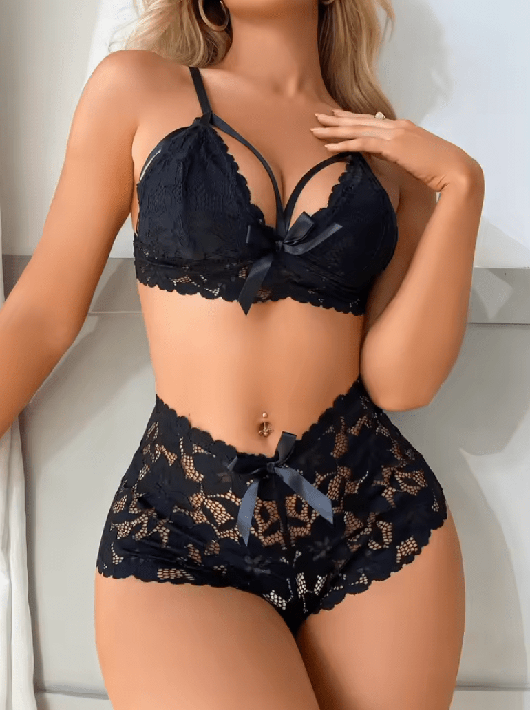 Women’s Sexy Lace Lingerie Set – Sheer Bra & Panties with Bow Detail | Delicate Fairy-Inspired Red Underwear Kit