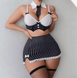 Women’s Teacher Cosplay Lingerie Set – 5-Piece Outfit with Bra, Tie, Miniskirt, Thong & Stockings | Sexy Roleplay Costume