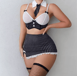 Women’s Teacher Cosplay Lingerie Set – 5-Piece Outfit with Bra, Tie, Miniskirt, Thong & Stockings | Sexy Roleplay Costume