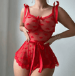 Women’s Sexy Summer Lace Lingerie Set – Strappy Mesh Nightgown with Love Heart Print, Bow Belt & See-Through Design