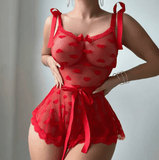 Women’s Sexy Summer Lace Lingerie Set – Strappy Mesh Nightgown with Love Heart Print, Bow Belt & See-Through Design