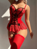 Women’s 2-Piece Lace Lingerie Set – Sleeveless Ruffle Corset Nightdress with Bow Front & Matching Thong, Sexy Nightwear Set