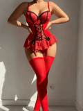Women’s 2-Piece Lace Lingerie Set – Sleeveless Ruffle Corset Nightdress with Bow Front & Matching Thong, Sexy Nightwear Set