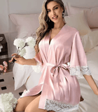 Women’s Short Ice Silk Bathrobe – Lace Trim Sleepwear Robe for Bride and Bridesmaids, Lightweight V-Neck Nightgown for Home or Wedding Morning